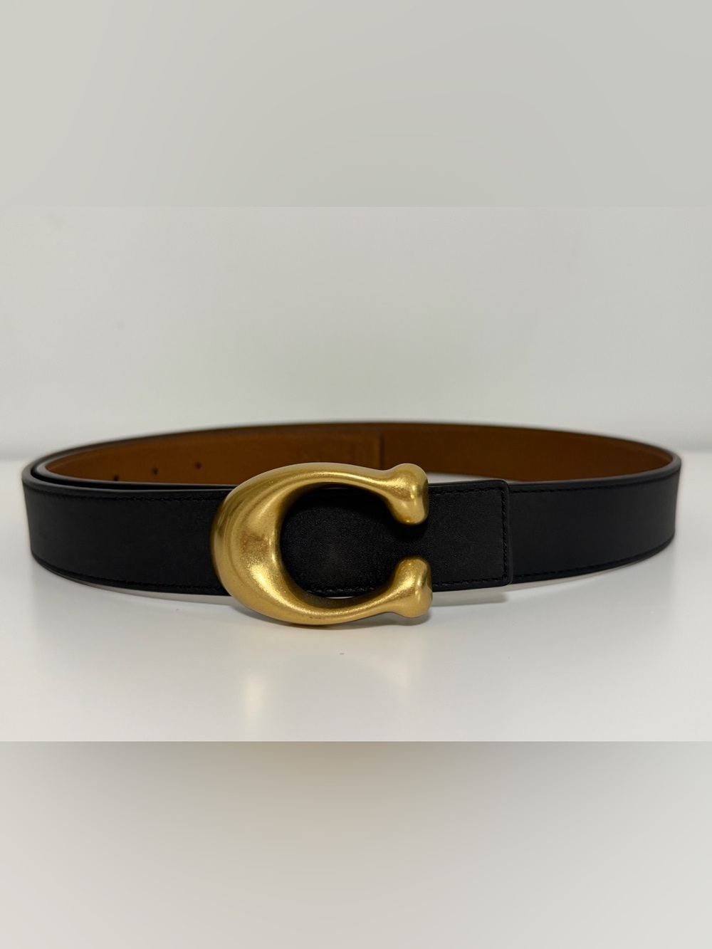 Coach Black Leather Belt with Gold 'C' Sculpted Buckle